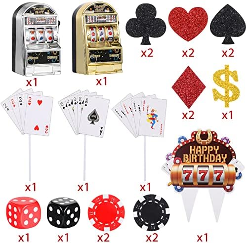 21 Pieces Casino Cake Decorations Set Includes Mini Slot Toy Machine Poker Cake Cupcake Topper Casino Happy Birthday Topper Poker Chips Dices for Las Vegas Scene Theme Parties