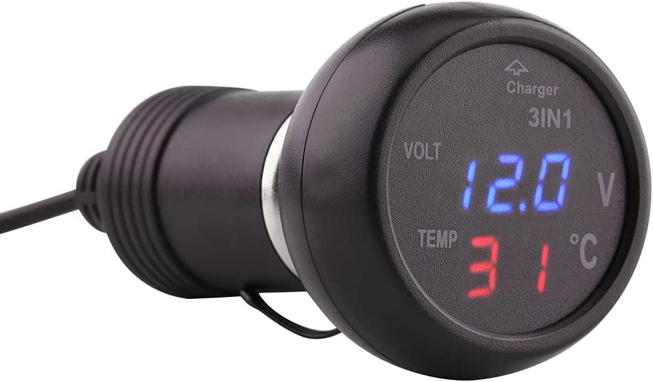 Digital Voltage Temperature Monitor, 12V to 24V 3in1 Dual USB Car Battery Cigarette Lighter, Auto Gauge Battery Voltage Tester(Blue + Red)
