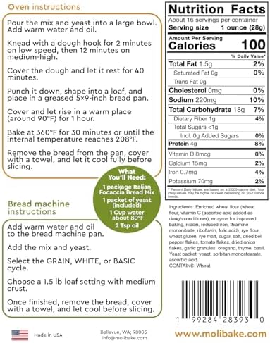 Molibake Italian Focaccia Bread Mix – Pack of 2 – Premium Artisan Italian Bread Mix for Bread Machine and Oven – 15 oz – All-Natural Gourmet Mediterranean Blend with Bell Pepper, Tomato, Onion, Garlic & Herbs – Easy Homemade Baking