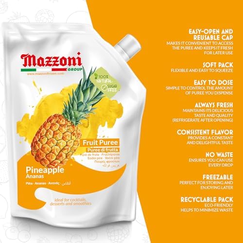 Mazzoni - Pineapple Juice Puree, 100% Pure Pineapple Juice Mix, Just Fruit, No Sugar Added, Mixer for Cocktails, Drinks, Smoothies, Make Healthy Pina Coladas, Convenient Pouch, Made in Italy, 2.2 lbs (35.2 oz)