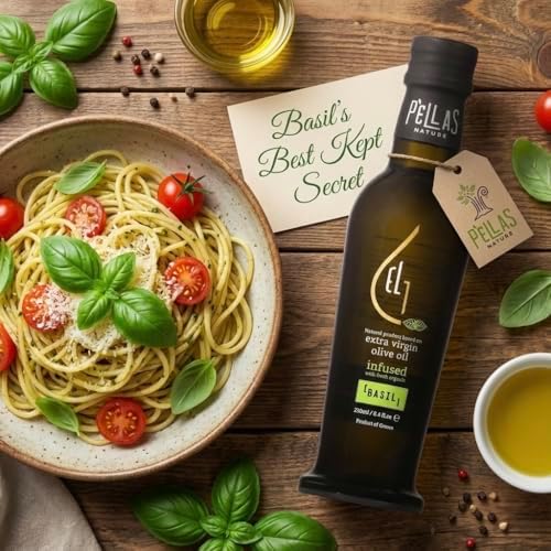 Pellas Nature, Organic Basil Infused Greek Extra Virgin Olive Oil, Finishing oil, Gold Award Winner, Kosher, 8.5 oz. Bottle