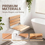 Jamini Folding Shower Seat Wall Mounted, 16.5", Beech Wood + SUS304 Steel, Heavy-Duty 330 lbs Seat for Seniors & Pregnant Women, Fits Small Showers, Balcony & Dressing Area