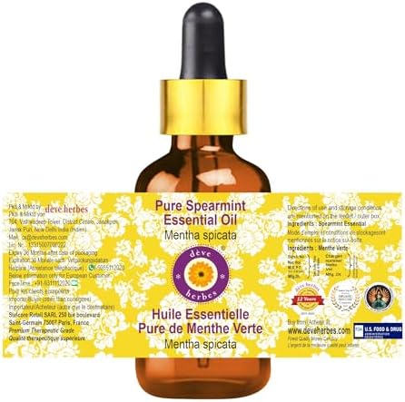 Deve Herbes Pure Spearmint Essential Oil (Mentha spicata) with Glass Dropper Steam Distilled (Pack of Two) 100ml X 2 (6.76 oz)