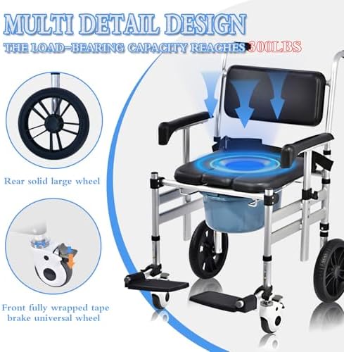 Shower Chair with Wheels Aluminum Alloy 4 in 1 Foldable Height Adjustable Shower Wheelchair, Sturdy Rolling Shower Chair with Large Commode for Seniors (Black)