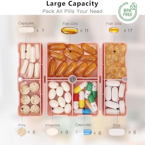 FYY Daily Pill Organizer, 7 Compartments Portable Pill Case Travel Pill Organizer,[Folding Design] Pill Box for Purse Pocket to Hold Vitamins,Cod Liver Oil,Supplements and Medication-Pink