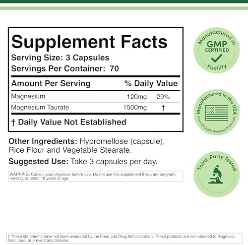 Magnesium Taurate Supplement for Cardiovascular Health to Boost Magnesium Levels (1,500mg per Serving, 210 Vegan Capsules) Non-GMO, Gluten Free, by Double Wood Supplements