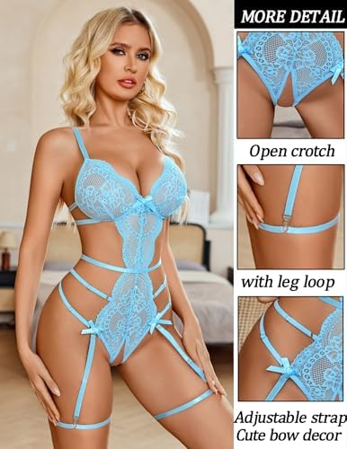 Avidlove Women's Deep V Teddy Lingerie Sexy Lace Bodysuit Cut Out Garter Lingerie Sets