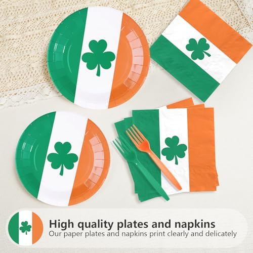 96Pcs St Patrick's Day Party Supplies Irish Flag Plates and Napkins Irish Theme Tableware Set for Ireland Country Decoration Birthday St. Patrick's Day Party Decorations Serves 24