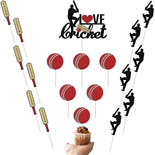 Kaoenla Kaoenla I Love Cricket Cake Decoration-19 Pieces Cricket Sports Glitter Cupcake Featured Boy Birthday Party Supplies Sports Theme Party Featured Decoration
