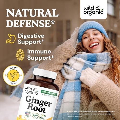 Wild & Organic Ginger Root Capsules 1200 mg - Immune & Digestive Support - Ginger Root Supplement - Zingiber Officinale Powder - 90 Days of Supply - Vegan, No Fillers, Non-GMO - 180 Count