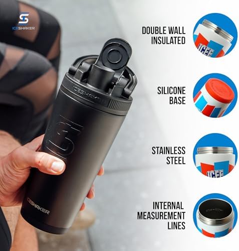 Ice Shaker Insulated Stainless Steel Shaker Bottle | 26oz, ICEE | Cold for 30+ Hours | Insulated Cup with Twist-on Agitator | Odor-Free Bottle for Protein Shakes, Water, Smoothies, Cocktails