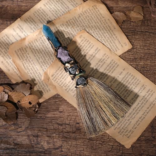 RENEMEGO Crystal Witch Altar Broom - Witchcraft Supplies with Blue Apatite Wiccan Stuff Fairy Magic Broomstick with Natural Healing Crystals Hexagonal Points Pagan Fengshui Reiki Energy Clearing Gift