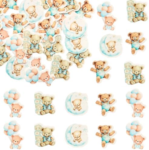 Gyufise 48Pcs Edible Baby Shower Bear Cupcake Toppers Wafer Paper Moon Baby Bear Baby Shower Cake Topper Decorations Jungle Animal Theme Birthday Party Cake Supplies Blue
