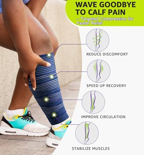 HiRui Calf Compression Wraps, 71" Adjustable Elastic Bandage Sleeves, Lower Leg Calf Support for Men & Women, Shin Splints Relief, Varicose Veins, Fitness, Running, Basketball, Soccer (1, Navy Blue)