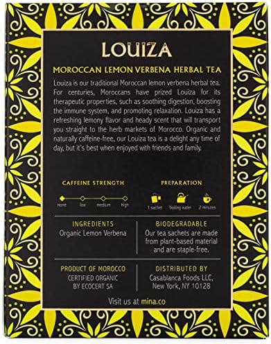 Mina Louiza, Organic Moroccan Lemon Verbena Tea, Organic Herbal Tea Bags, 15 Biodegradable Sachets, Refreshing Lemon Tea, Caffeine Free, Moroccan Lemon Verbena Tea Bags