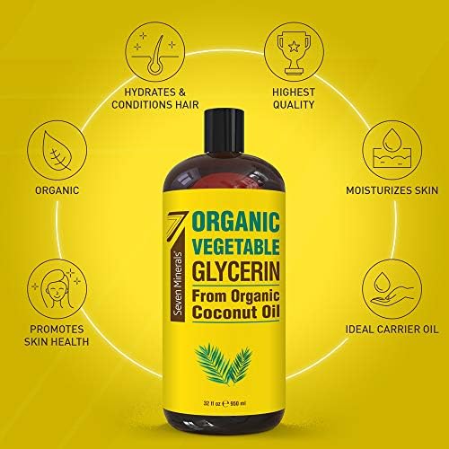 Seven Minerals, Organic Vegetable Glycerin - Big 32 fl oz Bottle - No Palm Oil, Made with Organic Coconut Oil - Therapeutical Grade Glycerine for DIYs - Hair, Nails & Skin Moisturizer - Non-Gmo