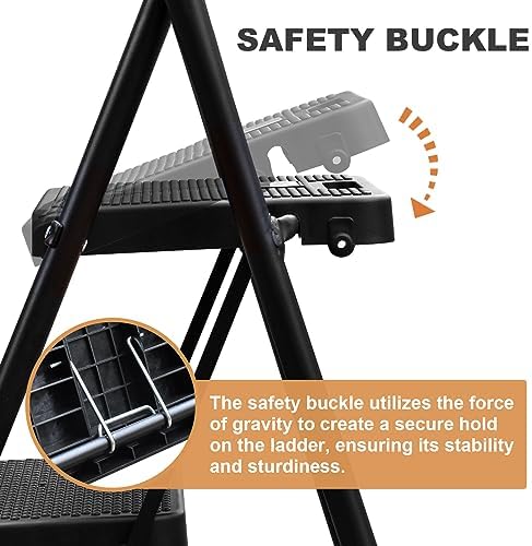 HBTower Step Ladder with Handrails, Folding Step Stool with Attachable Tool Bag & Anti-Slip Wide Pedal for Home Kitchen Pantry Office, Black