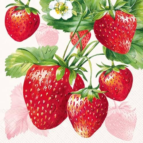 IHR Ideal Home Range Party Napkins Disposable 3-Ply Paper Lunch Napkin Pack, 6.5" x 6.5", Strawberry Fruits (Cream), 20-Count