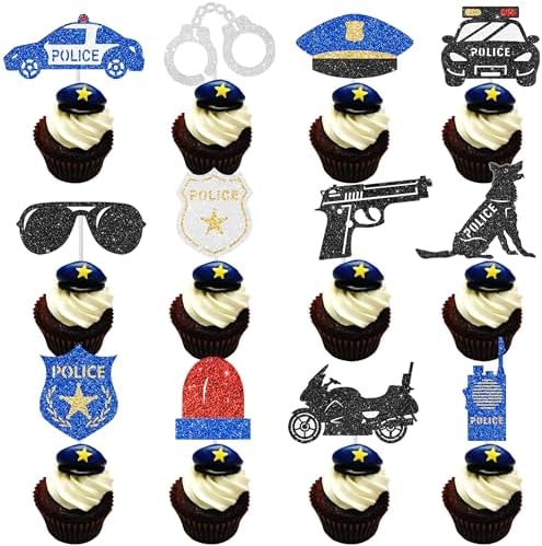 24pcs Glitter Police Party Cupcake Toppers Policeman Birthday Party Decorations Police Theme Cupcake Picks for Police Officer Birthday Party Baby Shower Supplies