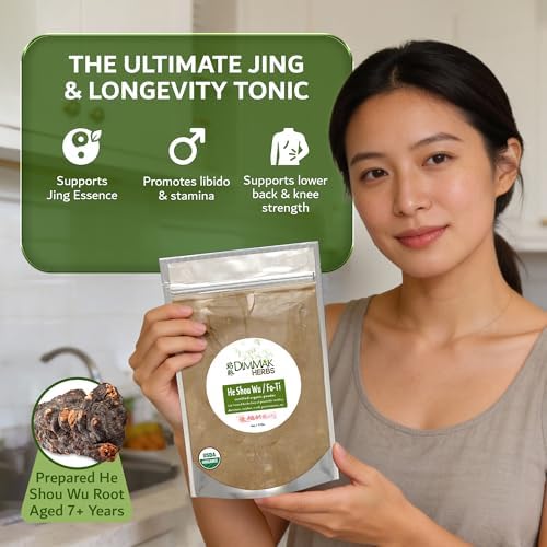 Dimmak Herbs Organic Prepared He Shou Wu Powder (Fo-Ti Root)- Traditional Black Bean Cured Tonic for Hair Thickness, Graying & Jing Vitality- Polygonum Multiflorum Safe & Potent (4oz)