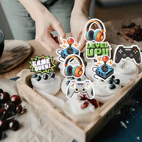 Rsstarxi 36 Pack Video Game Theme Cupcake Toppers Controllers Game On Level Up GamePad Cupcake Picks Decorations for Game Theme Baby Shower Kids Boys Gaming Birthday Party Cake Decorations