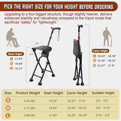 HZZEDNG-Hold 400 lbs Folding Canes with Seat, Allows Durability While Walking and Convenience for Sitting, Aluminum Portable Anti-Slip Cane Seat, Height-Adjustable Walking Cane
