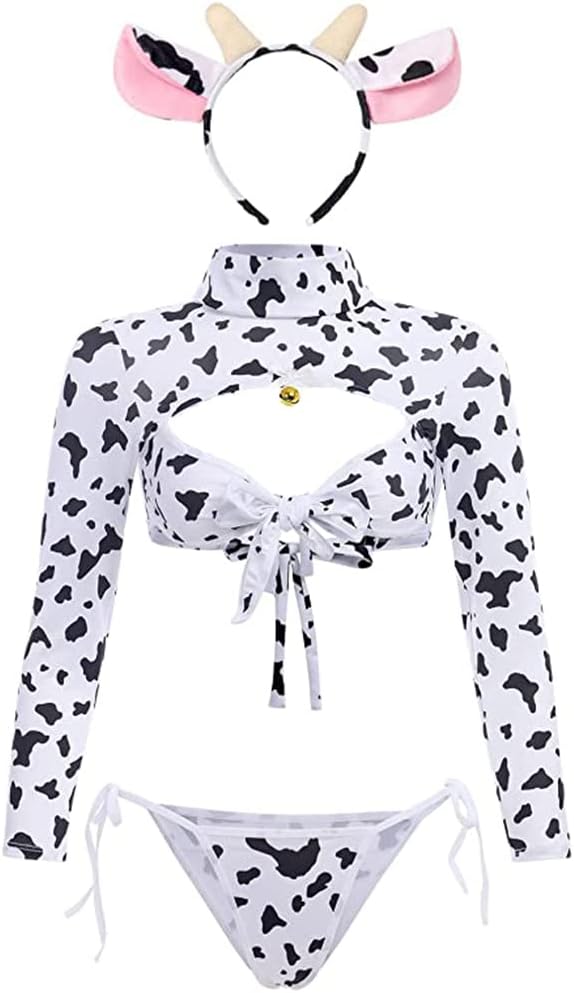 JasmyGirls Cow Cosplay Lingerie Women Sexy Maid Costume Anime Bikini Naughty Role Playing Outfit Kawaii Print Cute Bra Panty Set