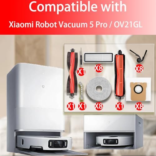 36Pcs Accessories Kit for Xiaomi 5 Pro / OV21GL Robot Vacuum, 1 Main Brush,1 Rubber Brush,8 Hepa Filter,8 Side Brushes,8 Mop Pads,8 Dust Bags,2Cleaning Tool Replacement Parts