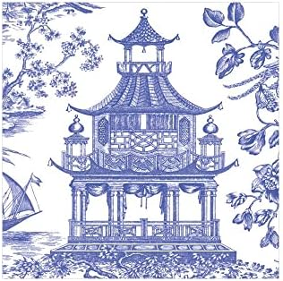 Caspari Chinoiserie Toile Pagoda Paper Cocktail Napkins in Blue - 20 Per Box