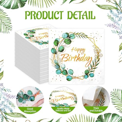 100 Pcs Gold Happy Birthday Eucalyptus Paper Napkins, 6.5 x 6.5 Inches Disposable Hand Towels for Bathroom, Green Eucalyptus Leaf Decorative Disposable Paper Napkins for Baby Shower Birthday Party