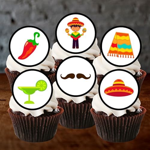 24 Mexican Mexico Theme #1 Edible Cupcake Toppers - Stand Up Discs Wafer Cake Decorations, Mexican Fiesta Party Decorations, Taco Birthday Party Supplies, Sugar Skulls Cake Toppers, 24 x 4cm / 1 Inch