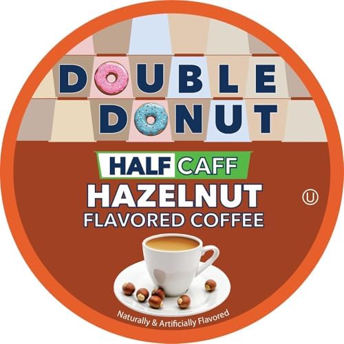 Double Donut Coffee Half Caff Hazelnut Flavored Coffee Pods, Medium Roast Coffee Compatible with Keurig K Cups Brewers 72 ct