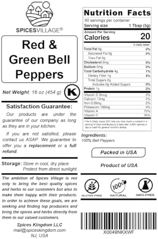 SPICES VILLAGE Dried Bell Pepper Flakes, Dehydrated Bell Peppers Mix, Dried Bell Pepper Flakes, 16 Oz (1 lb), Dried Ramen Toppings, Bulk Dried Vegetables for Soup Mix, Kosher, Gluten Free, Non GMO