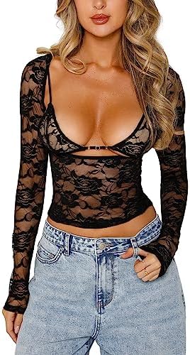 Women Y2k Lace Long Sleeve Crop Top Sexy Sheer See Through T Shirts Backless Slim Fit Going Out Tops
