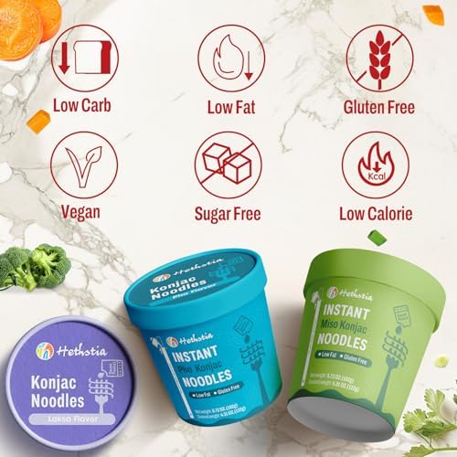 Hethstia Konjac Noodles Soup Cup Variety Flavor (Pho, Miso, Laksa), 6 Packs, Vegan, Gluten-Free, Sugar-Free, Keto, Low-Calorie, Low Carb Instant Shirataki Noodle, Healthy Pre-cooked Asian Meal