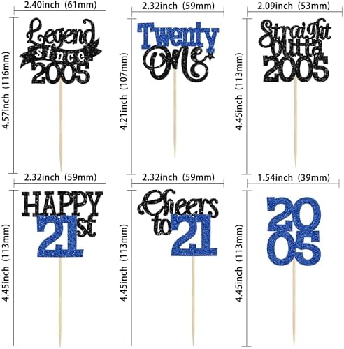 Gyufise 24Pcs Happy 21st Birthday Cupcake Toppers Hello Twenty One Legend Since 2005 Cupcake Picks Cheers to 21 Years Cake Decorations for 21st Birthday Anniversary Party Supplies Black Blue