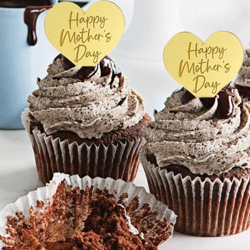 25Pcs Happy Mothers Day Cupcake Topper Acrylic Mirror Disc Heart Cake Engraved Cake Topper Cupcake Decorations for Mother's Day (Gold)