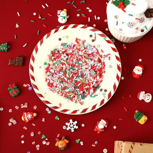 Jansun Christmas Fake Candy Sprinkle, 3.2 Ounces Polymer Clay Slices and 50 Pcs Christmas Figures Include Fake Chocolate Mini Resin Gingerbread Man Snowman for Xmas DIY Crafts