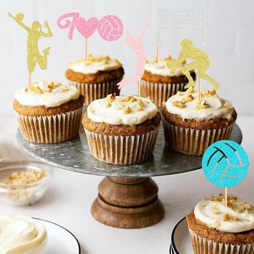 24pcs Beach Volleyball Cupcake Toppers - Sport Theme Decor Supplies with Volleyball Player & Ball Cupcake Picks for Birthday Celebration