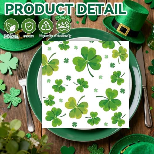 50PCS St. Patrick's Day Paper Napkins - 6.5 x 6.5 Inch Shamrock Luncheon Napkins Green Lucky Clover Disposable Party Supplies for Saint Patrick's Day Irish-Themed Birthday Decorations