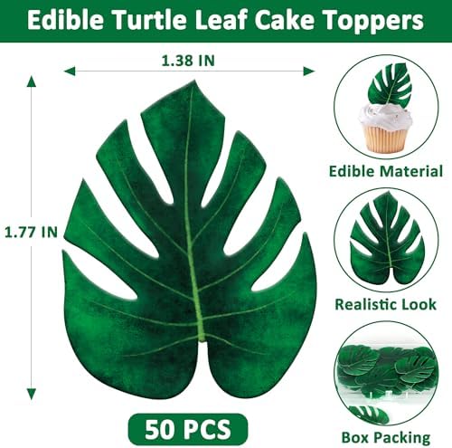 50 PCS Hawaiian Party Decorations, 1.77 IN Tropical Turtle Leaves for Cake Decor, Green Hawaiian Cake Toppers Summer Cupcake Toppers, Plam Leaf Jungle-theme Decorations Tropical Party Decorations