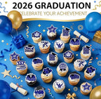48pcs Edible 2026 Graduation Cupcake Toppers Wafer Paper Blue Class of 2026 Cake Decorations Edible Congrats Grad Cupcake Picks for 2026 Graduation Theme Party Cake Supplies