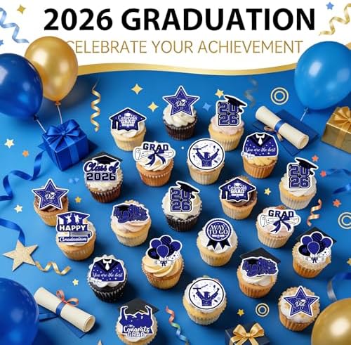 48pcs Edible 2026 Graduation Cupcake Toppers Wafer Paper Blue Class of 2026 Cake Decorations Edible Congrats Grad Cupcake Picks for 2026 Graduation Theme Party Cake Supplies