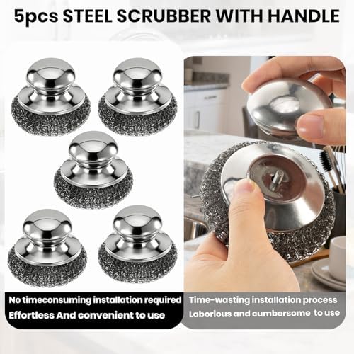 5PCS Steel Wool Scrubber with Handle,Stainless Steel Scrubber for Cast Iron Scrubber and Pot Scrubber, Steel Wool Pads with Handle for Kitchen Cast Iron, Kitchen Pots, Pans, Grill, Stoves, Sink