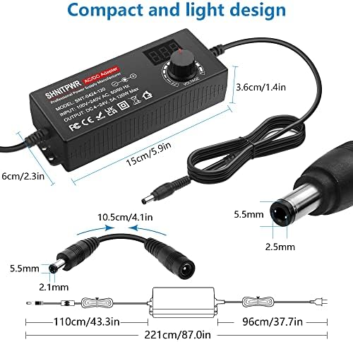 SHNITPWR AC Adapter 120W Universal Power Adapter 4V 5V 6V 9V 12V 15V 18V 19V 20V 24V Adjustable Switching Power Supply 100V~240V AC to DC 4V ~ 24V 5A Converter with 14 Tips & Polarity Converter