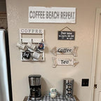 Retro Coffee Beach Repeat Sign Shabby Chic Coastal Bar Decor Inspirational Words Prints on Wood Grain Canvas Country Seaside Coffee Shop Pub Store Decoration Summer Beach House Supplies 6x17inch