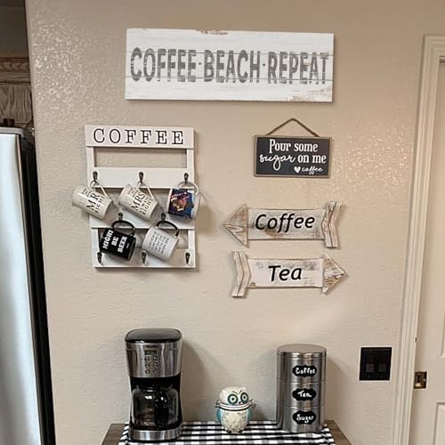 Retro Coffee Beach Repeat Sign Shabby Chic Coastal Bar Decor Inspirational Words Prints on Wood Grain Canvas Country Seaside Coffee Shop Pub Store Decoration Summer Beach House Supplies 6x17inch