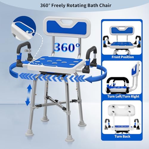 Heavy Duty 360 Swivel Shower Chair for Elderly, 550LB Bariatric Shower Bench with Adjustable Height & Padded Seat, Folding Stool for Inside Shower Bathtub Bathroom