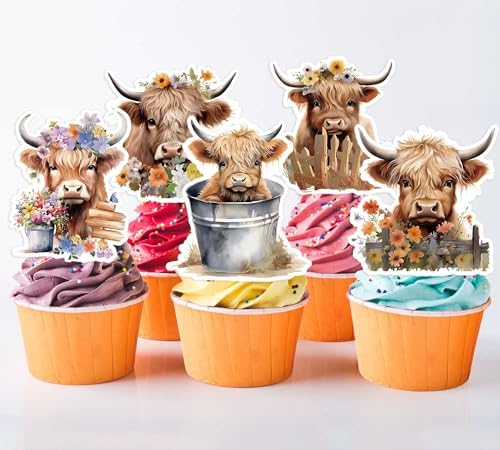48pcs Highland Cow Baby Shower Cupcake Toppers - Holy Cow Baby Shower Birthday Supplies, Cute Cow Party Cake Decorations