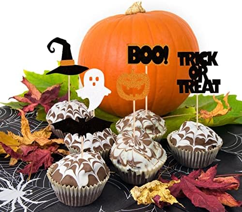 24Pcs Halloween Cupcake Toppers Pumpkin Witch Hat Ghost Bats Boo Trick or Treat Cupcake Picks Baby Shower Birthday Halloween Themed Party Cake Decorations Supplies